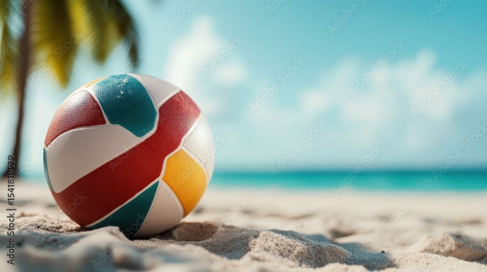 Obraz premium A colorful volleyball resting on sandy beach evokes feelings of fun and relaxation, perfectly capturing the essence of a carefree summer vacation by the ocean.