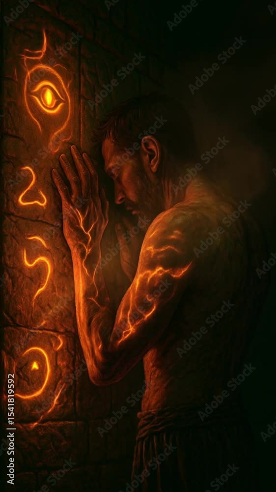 Dark Occult Summoning – Hooded Monk Kneeling Before Flaming Spirit