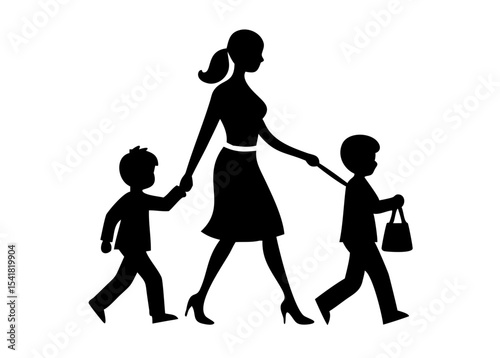 Single Mother Walking with Two Kids – Vector Silhouette Illustration

