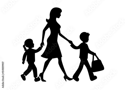 Single Mother Walking with Two Kids – Vector Silhouette Illustration

