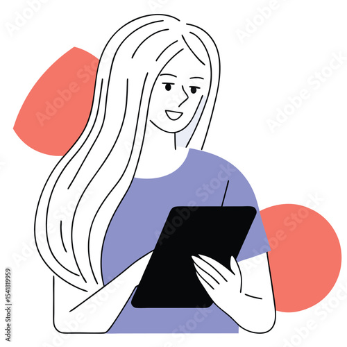 Smiling Caucasian woman with blonde hair utilizes a digital tablet in minimalist style
