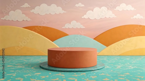 Colorful abstract 3d rendered stage for product presentation with playful cloudy backdrop