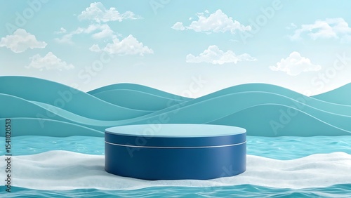 Creative abstract 3d render of a blue cosmetic product display with cloudscape background