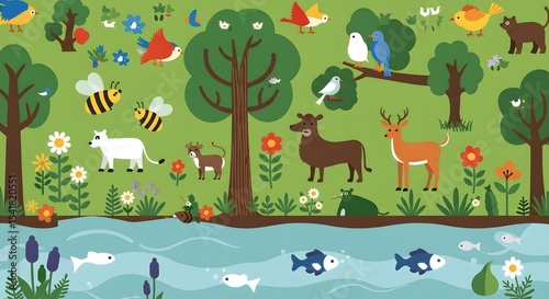 Cute cartoon Christmas deer in a snowy forest illustration with snowflakes and winter trees