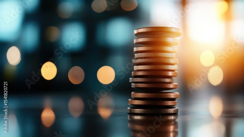 A close-up image showcasing a stack of coins against a beautifully blurred background, highlighting financial growth, savings, and investment themes in a soft lighting setting.