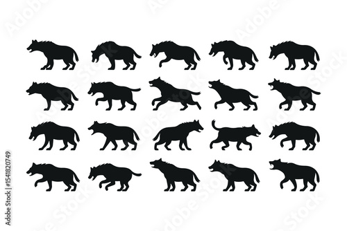 Set of Black and White Hyena Silhouette