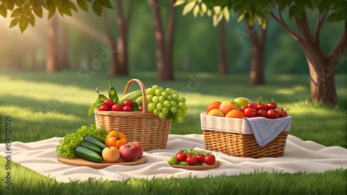 A Picnic in the Park Fresh Fruits Vegetables and Baskets on a White Blanket in the Sunny Meadow