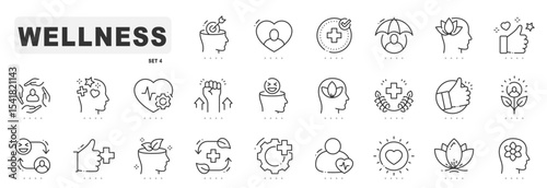 Wellness, wellbeing, mental health, healthcare line icons. Editable stroke