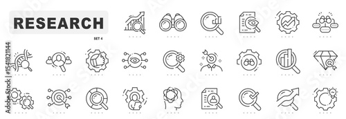 Research related line icons. Analysis, search, solution etc. Editable stroke