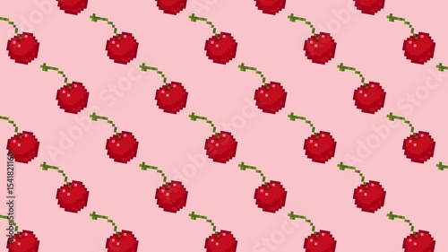 Looping animated seamless pattern of cherries in pixel art style. Cute red cherries gently swaying on a soft pink background. Animation for digital design, retro games, and creative UI elements.