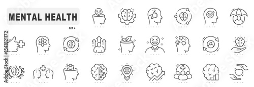 Mental health related line icons. Stress, mind, head etc. Editable stroke