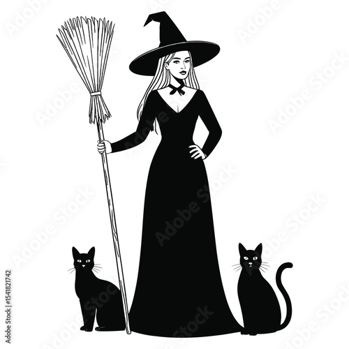 An elegant witch standing with a broomstick in one hand and a black cat sitting beside her