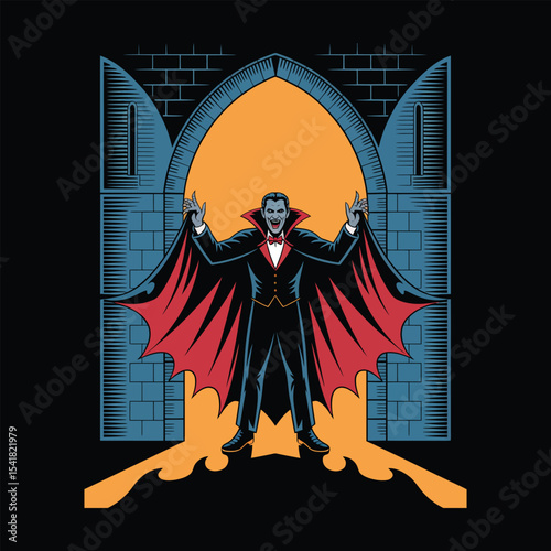 Young vampire boy with flowDracula in castle doorway with cape spread like wings vector art illustration  ing cloak surrounded by bats in vector art style