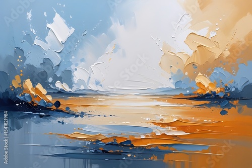 Abstract coastal landscape impasto painting blue orange
