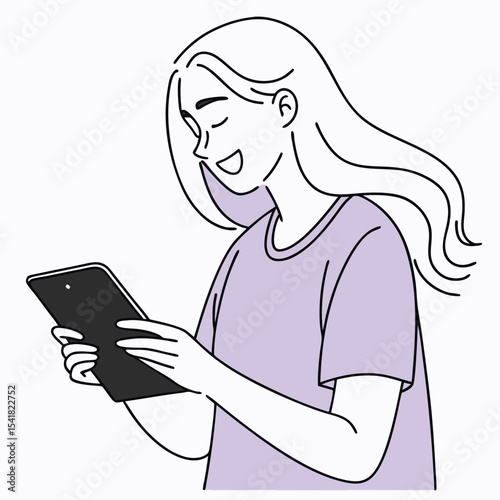 Smiling young woman with flowing hair interacts with a tablet device in simplicity
