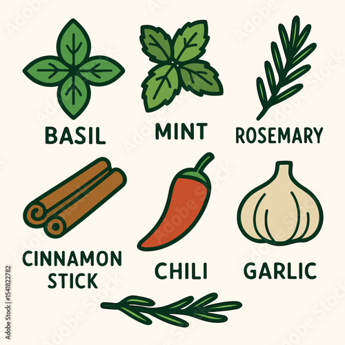 Herbs and spices flat set – basil, mint, rosemary, cinnamon stick, chili, garlic – drawn with clear outlines and soft fills