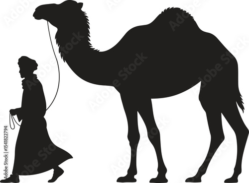 Silhouette of Man with Camel. Desert, tradition, travel, nomad, caravan. Vector illustration on white background