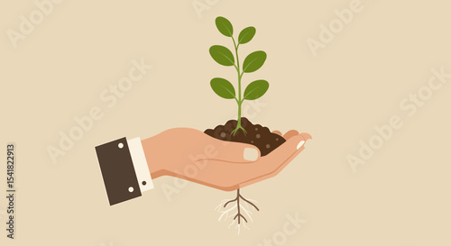 Hand holding small plant with roots