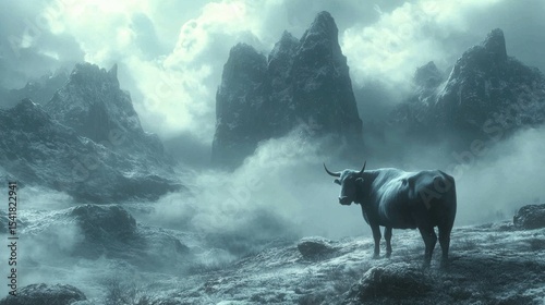 A solitary bull stands amidst a misty, rugged mountain landscape under a cloudy sky.