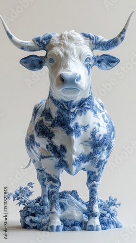 Blue and White Ceramic Bull Sculpture with Intricate Floral Patterns
