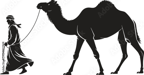 Silhouette of Man with Camel. Desert, tradition, travel, nomad, caravan. Vector illustration on white background