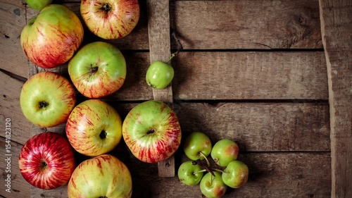  Close up and overhead view, red and yellow apples  on rustic wood.   Fresh apples on an old box. Vegetables harvest. Natural organic healthy food concept