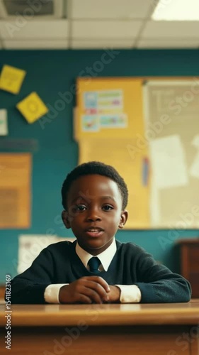 Young student smiles confidently in classroom setting during morning lessons