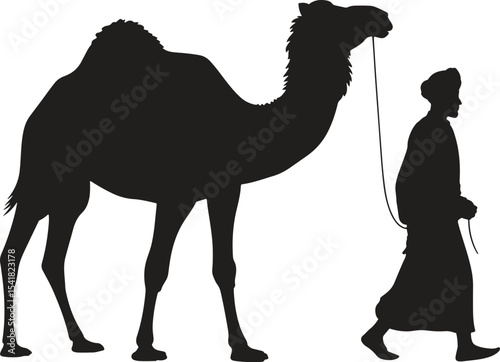 Silhouette of Man with Camel. Desert, tradition, travel, nomad, caravan. Vector illustration on white background