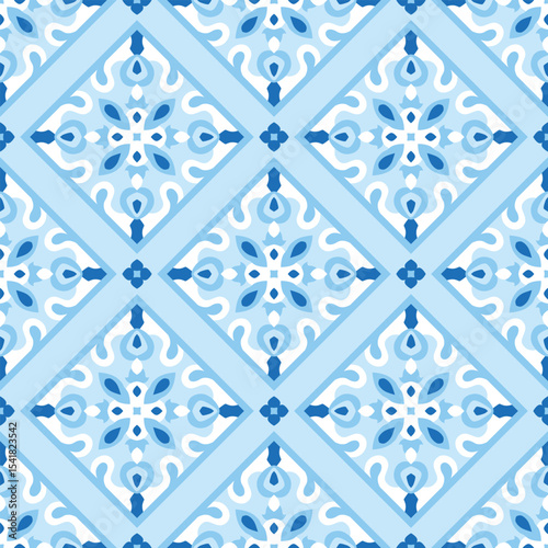 Seamless background with majolica pattern. Ceramic tile design, floor, kitchen ornate. Italian, Spanish, Portuguese geometric vector illustration. Patchwork in blue color