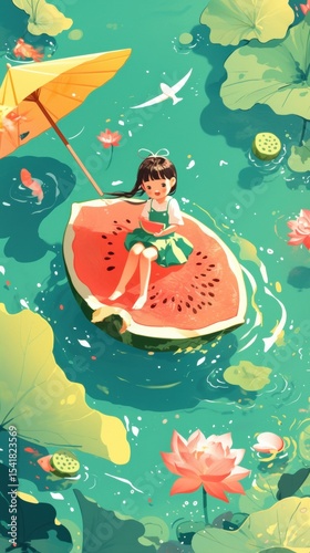 A girl sits on a giant watermelon slice floating in a pond surrounded by lotus flowers and koi fish under an umbrella.