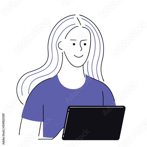 Animated woman with long blue hair is using a laptop device