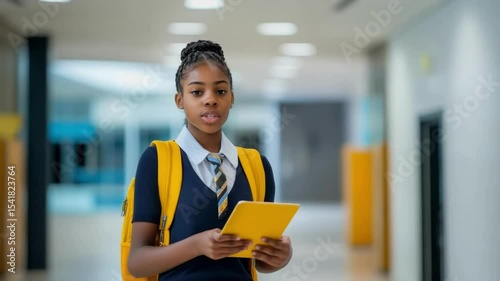 Young student in school hallway uses tablet for learning and engagement