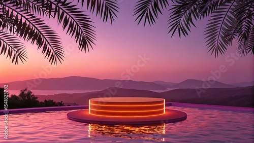 Fototapeta Naklejka Na Ścianę i Meble -  Illuminated podium stage in a tranquil tropical landscape featuring a vibrant sunset and water reflection