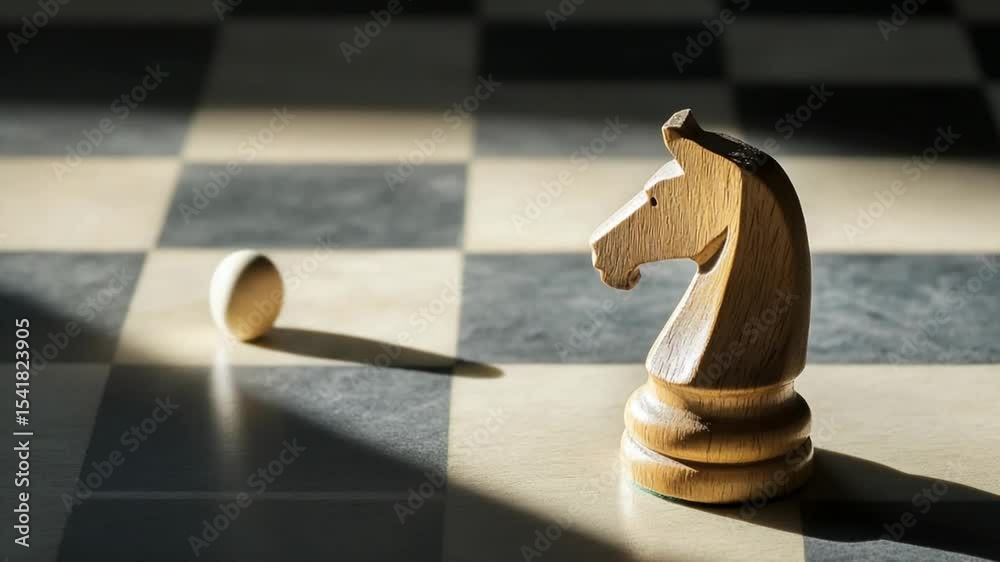 Strategic positioning: A chess knight under focused light casting shadows on board