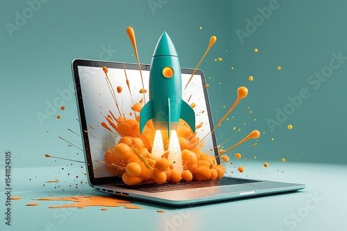 Laptop rocket launch startup success innovation technology