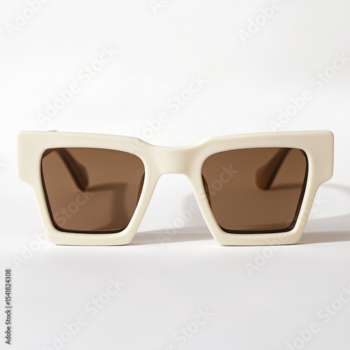 Trendy square sunglasses with cream frames color and brown lens color, aesthetically displayed on white background
