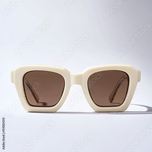 Trendy square sunglasses with cream frames color and brown lens color, aesthetically displayed on white background