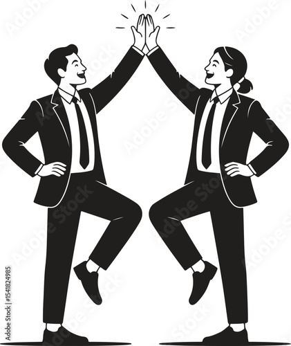 Silhouette Office Team High-Five. Team success, motivation, morale, celebration. Vector Illustration on White Background