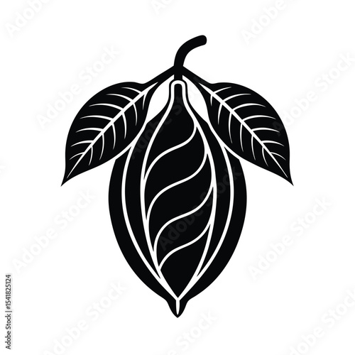 stylized cocoa pod with leaves silhouette vector drawing