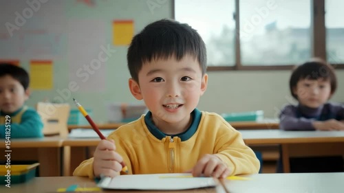 Young child smiles while drawing in classroom during school day with classmates nearby
