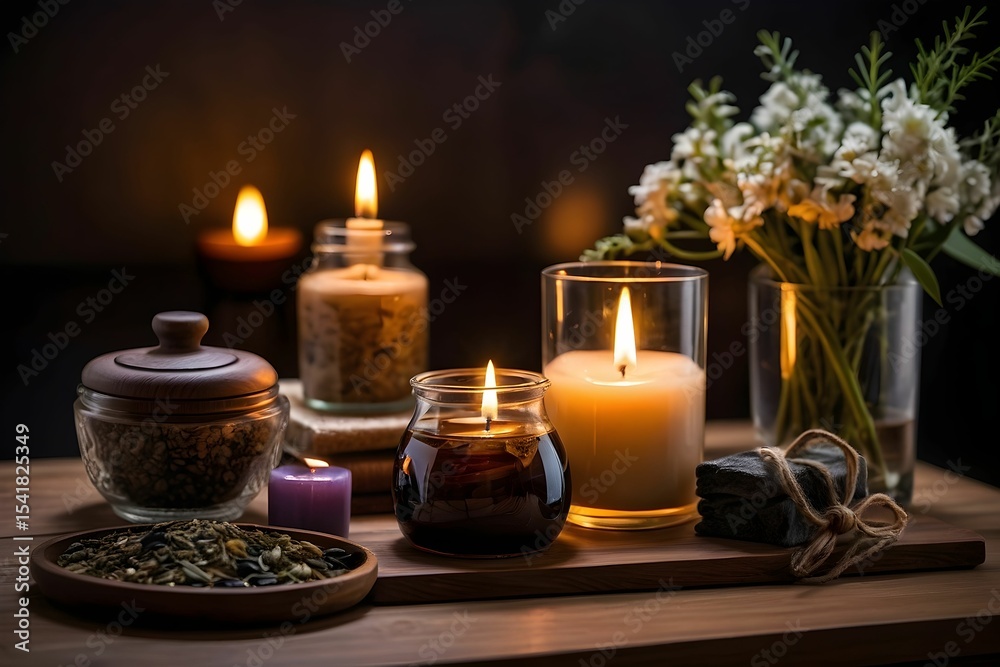 Obraz premium Serene spa ambiance: candles, herbs, and flowers for relaxation.