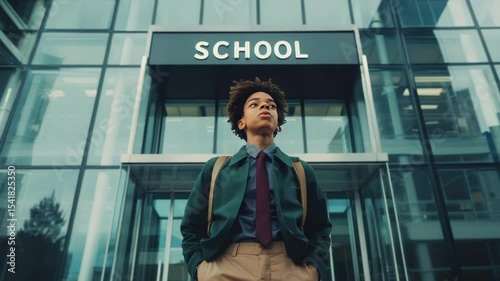 Young student stands confidently outside modern school building ready for new academic challenges