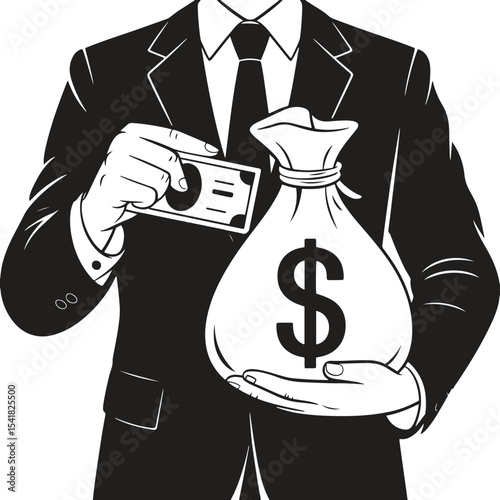 Silhouette Banker Holding Money Bag. Finance, investment, wealth, capital funding icons. Vector Illustration on White Background