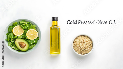 Healthy Salad Ingredients Olive Oil Quinoa Lemon and Avocado for a Nutritious Meal Preparation Idea on White Background