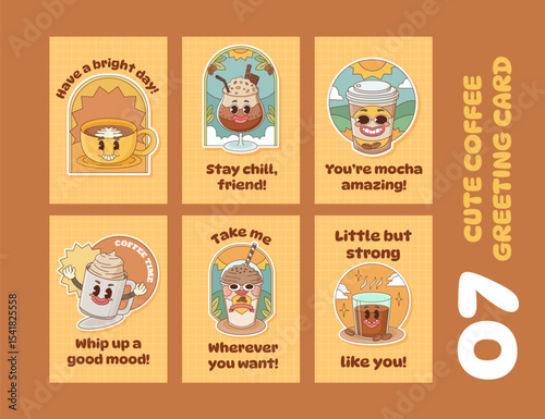Set of Retro Coffee Sticker for Greeting Card Invitation with Cute Character Cartoon. Concept Illustration with Cup, Mug, Caffeine, Espresso, Latte, Cappuccino.Vintage Comic Retro Style Outline Doodle