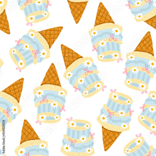 Cute seamless vector pattern with vintage mini bento cake ice cream cones decorated with chamomile flowers and flirty bows in pastel summer style. Hand-drawn crayon texture, perfect for packaging