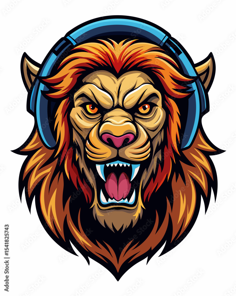 Fototapeta premium angry Lion DJ realistic design and bold line black , white background ,full color
