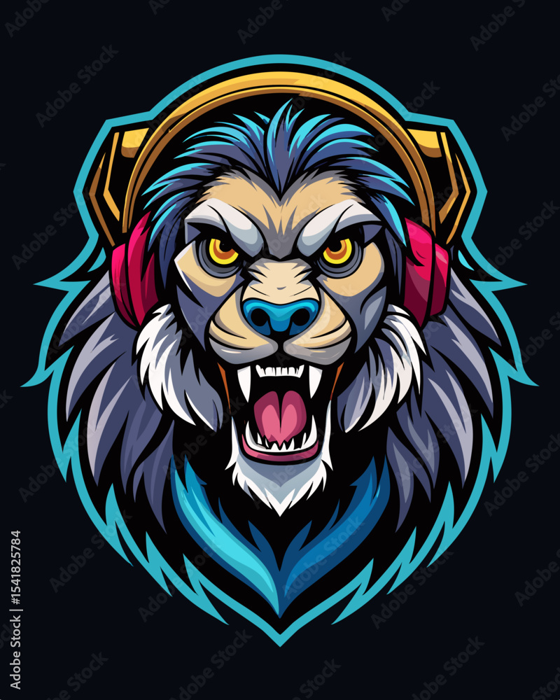 Fototapeta premium angry Lion DJ realistic design and bold line black , white background ,full color
