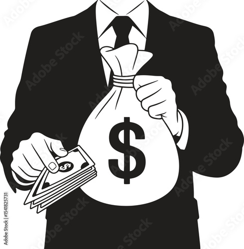 Silhouette Banker Holding Money Bag. Finance, investment, wealth, capital funding icons. Vector Illustration on White Background