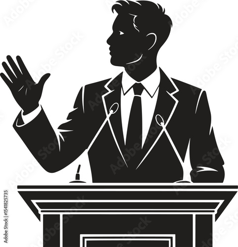 Silhouette CEO Giving Speech. Leadership, business talk, keynote, public speaking icons. Vector Illustration on White Background